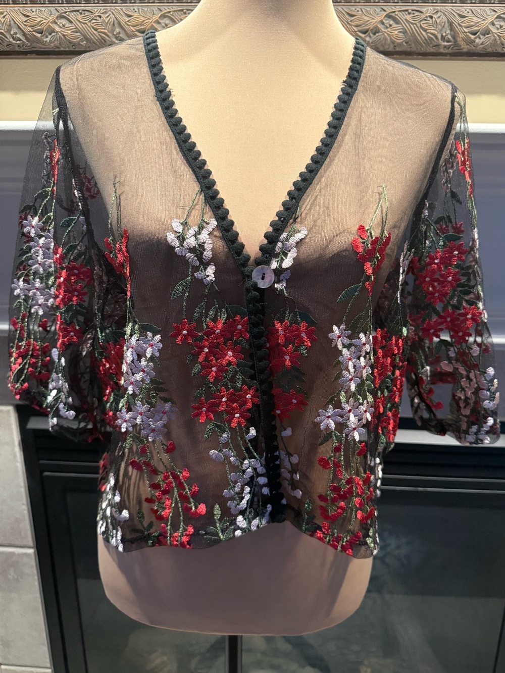 NWT Rabbit Rabbit Rabbit Black Sheer Large Cardigan with Floral Embroidery